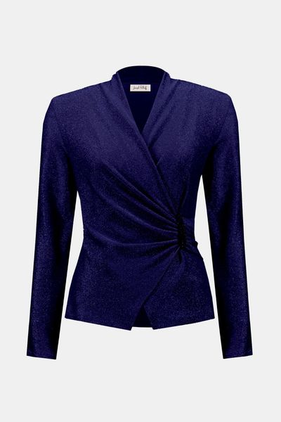 Signature  Novelty Knit Wrap-Style Fitted Top Midnight Blue